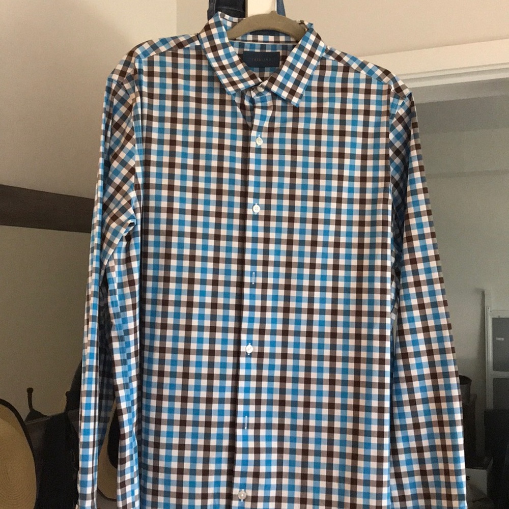 Men’s button up blue and brown shirt
